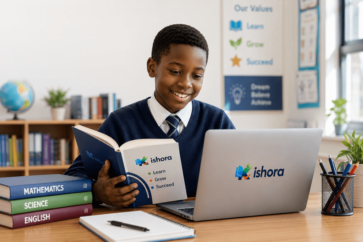 A secondary school student reading beside a laptop in a bright classroom